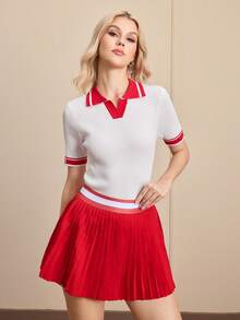 Cheerettes Women's Striped Polo Collar Short Sleeve Fitted Sweater Tennis Dress - White - View 6