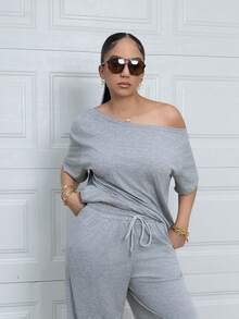 Melissa Matos Conjunto de dos piezas de camiseta sin hombros y pantalones anchos de chándal minimalista, para uso diario, salir y hacer deporte, cómodo estilo urbano de verano para mujeres - Gris - Ver 6