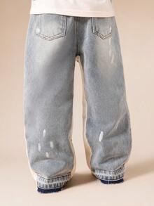 SUMWON Boys Distressed Wide Leg Jeans With Raw Hem Detail And Side Stripe For Casual And Vacation - Light Wash - View 2