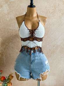 Soleia Blusa de punto con cuello halter, espalda descubierta y bajo con flecos en patchwork de colores contrastantes para mujer - Multicolor - Ver 5