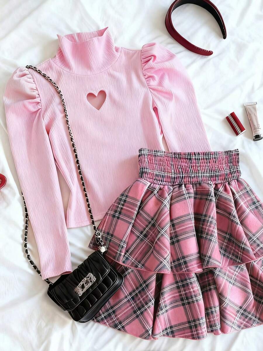 2件套 少女休闲圣诞新年红色T恤和红色格子裙 - 彩色 - 查看 1