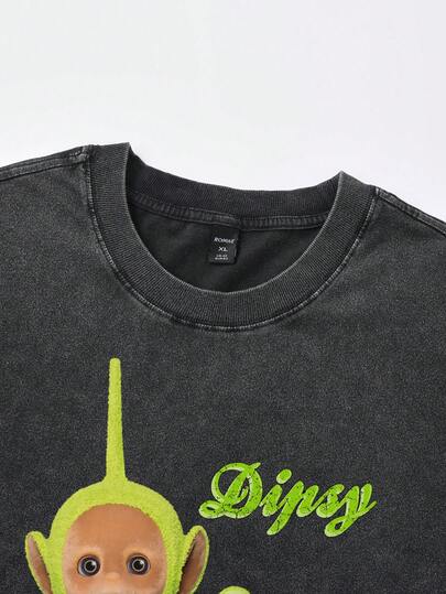 Teletubbies X ROMWE Men Vintage Wash Dipsy Graphic Loose Fit T-Shirt