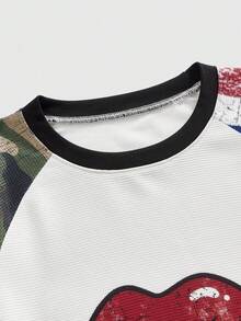 ROMWE MEN Street Life 男士唇印迷彩拼接圆领插肩长袖T恤 - 白色 - 查看 3