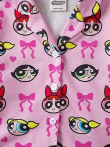THE POWERPUFF GIRLS X SHEIN 女婴卡通可爱甜美粉色花朵、泡泡、毛茛图案翻领秋冬上衣和裤子睡衣套装 - 粉色 - 查看 6
