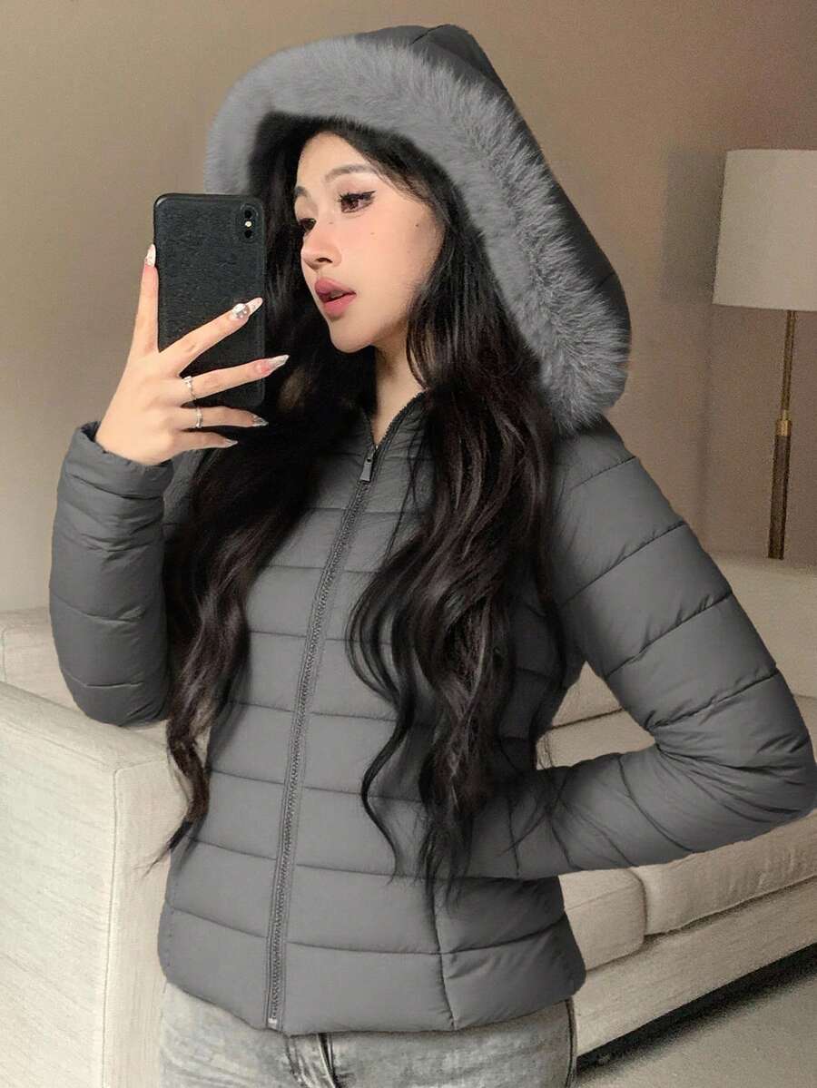 DAZY 女士优雅毛领拼接绗缝外套，秋冬款 - 深灰色 - 查看 1