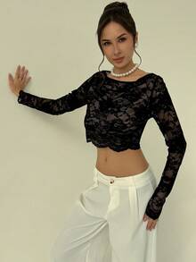 Aloruh Áo thun ngắn tay ren trơn màu thời trang gợi cảm dành cho nữ, Áo thun dài tay ren đen thời trang thu đông hè, gợi cảm và lãng mạn cho buổi hẹn hò, hoàn hảo cho ngày lễ tình nhân, đêm giao thừa hoặc bất kỳ dịp nào - màu đen - Xem 7