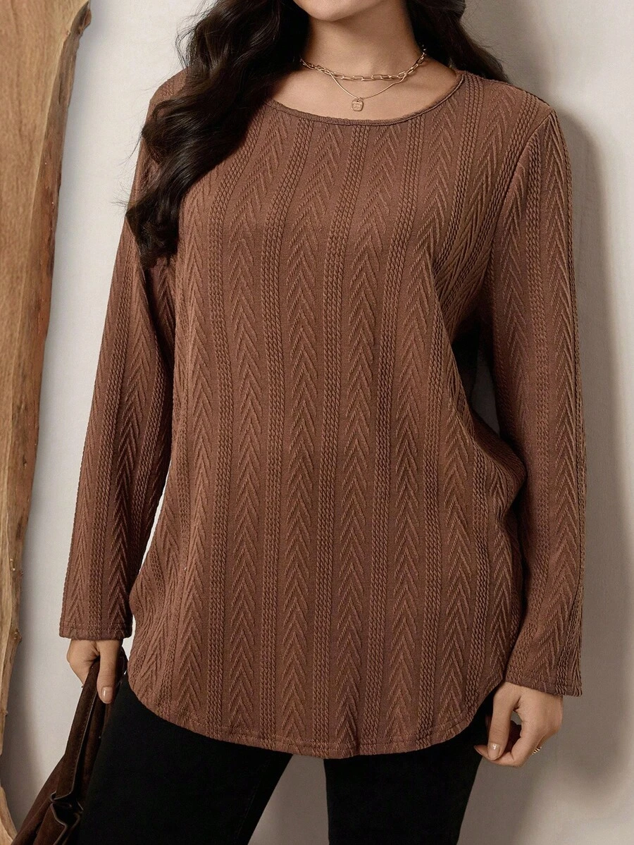 SHEIN LUNE Plus Size Casual Long Sleeve Textured Fabric T-Shirt With Curved Hem, Suitable For Autumn/Winter Holiday Outfit
