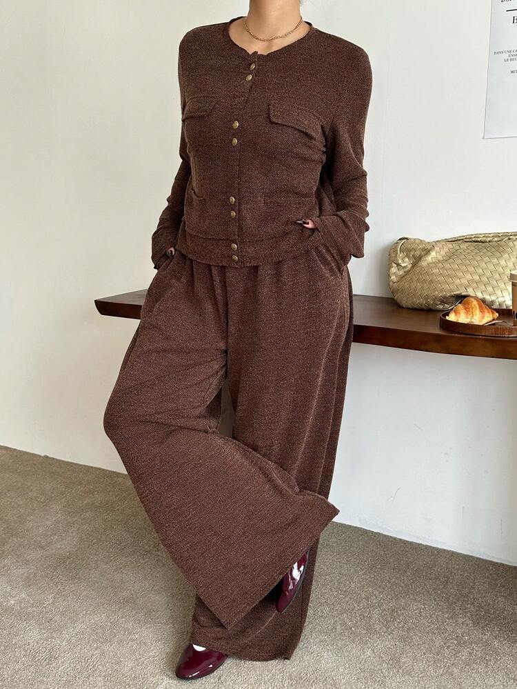 Dazy Plus 2pcs Plus Size Women Elegant Solid Color Crew Neck Long Sleeve Jacket And Loose Pants Casual Commuter Suit, Spring/Autumn Lounge Sets For Women