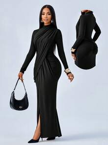SOLERSUN Đầm Maxi xẻ đùi cao tay dài cổ đứng thanh lịch dành cho nữ - màu đen - Xem 7