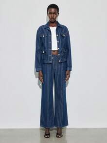 Maija 女式休闲条纹长袖单排扣牛仔夹克，秋季 - 中等水洗藍 - 查看 2