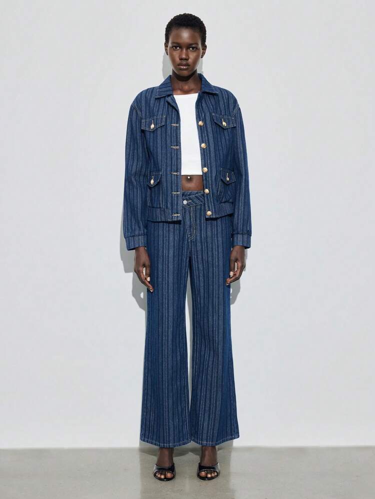 SHEIN Maija Retro Striped Denim Jacket For Women, New Autumn And Winter Style, High-Quality Texture, Blue Casual Top, Perfect For Autumn And Winter Outfits. Gold Metal Buckle .Old Money Style