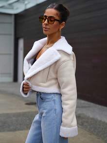 SAYEHFBABY 秋冬女士短款毛领PU皮夹克 - 杏色 - 查看 4