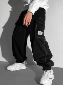 SHEIN Tween Boy 休闲多口袋撞色缝线字母图案罗纹袖口工装裤，适合秋季/春季、户外玩耍、学校、街头风格、派对和休闲