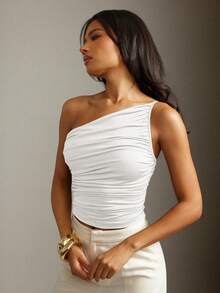 Hauture Women's Basic Casual Office Old Money One Shoulder Side Ruched Knit Jersey Brown Top - White - View 6