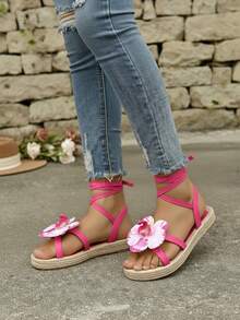 Mujer Sandalia Playa Decorada con Flor Grande Punta Abierta Sin Cordones Suela de Yute Estilo Bohemio para Verano y Vacaciones Sandalias - Rosa - Ver 2