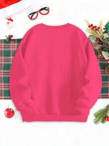 SHEIN 圣诞快乐少女时尚创意可爱圣诞老人圣诞氛围标语印花圆领卫衣，适合圣诞派对 - 玫紅色 - 查看 2