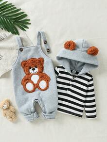 SHEIN Playful Pals 男婴3D毛绒耳朵条纹连帽衫和熊刺绣背带裤两件套，可爱套装，带大熊徽章，婴幼儿秋冬服装，男女通用，适合新生儿至2岁 - 彩色 - 查看 1