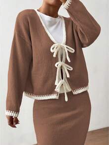 SHEIN Unity 2pcs Ombre Bowknot Strap Casual Basic Knit Set, Autumn/Winter - Multicolor - View 3