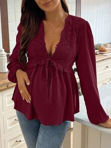 SHEIN Maternity Contrast Lace Deep V-Neck Tie Front Lantern Sleeve Sexy Blouse