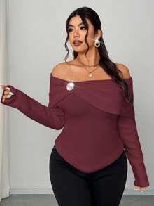 Elenzga Sweater Rajut Pendek Ukuran Plus Wanita Elegan untuk Sehari-hari, Model Bahu Terbuka, Warna Polos, Kerah Syal, Lengan Panjang, Dekorasi Rhinestone Logam, Model Kerut, Pas Badan, Musim Gugur - Burgundy - View 3