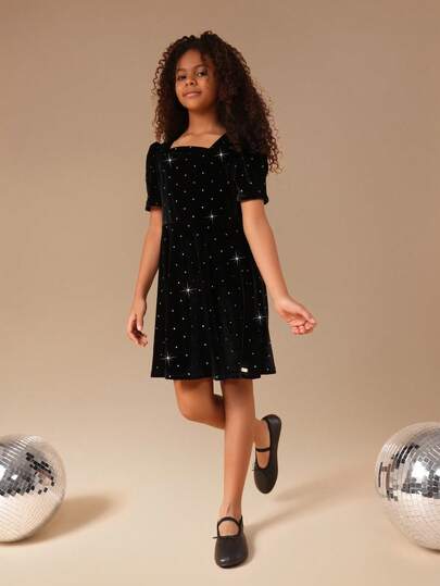 SUMWON Tween Girls Puff Sleeve Square Neck Mini Dress With Star Print Fit And Flare Party Dress