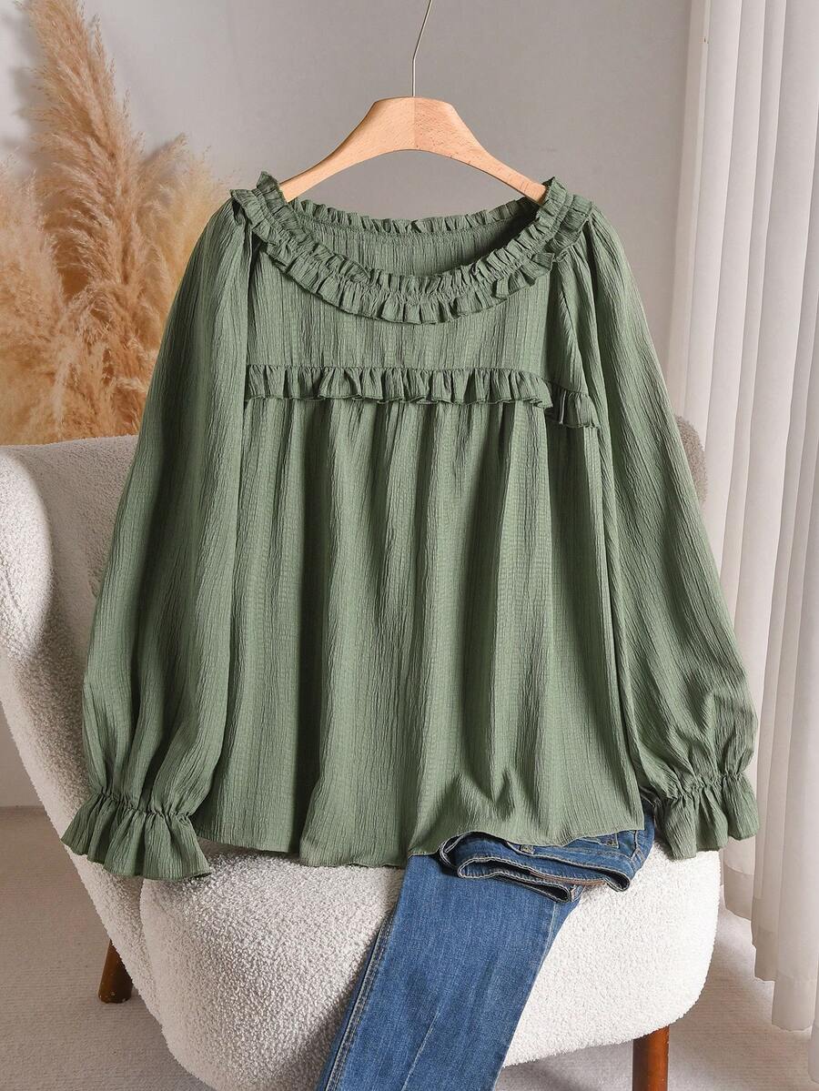 CosyJoli Plus Size Casual Ruffle Collar A-Line Smock Blouse Green - Green - View 1