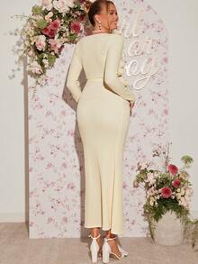 Loomaby Conjunto elegante de 2 piezas con top corto de manga larga con decoración floral 3D y falda midi con dobladillo de cola de sirena, unicolor para maternidad - Caqui - Ver 2