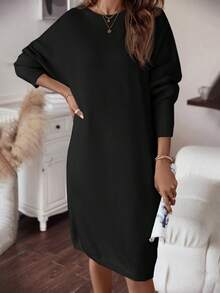 SHEIN LUNE 秋冬季纯色落肩毛衣连衣裙 - 黑色 - 查看 5