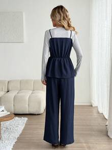 SHEIN LUNE Women's Casual Two-In-One Commuter Pants Set, Women's Winter Fashion Clothing Series, Women's Autumn Clothing Two-Piece Set - Navy Blue - View 3