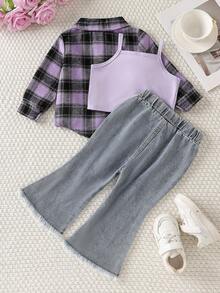 SHEIN Playful Pals 3件套女婴时尚别致套装：格子长袖衬衫+背带短款露脐上衣+喇叭牛仔裤休闲套装 - 紫色 - 查看 2