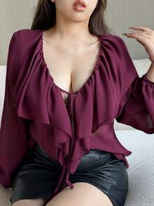 Vibekara 大码V领纯色雪纺荷叶边下摆透视性感长袖上衣 - 酒紅色 - 查看 4