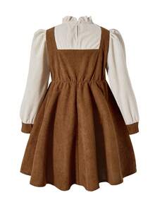 SHEIN Young Girl Autumn Colorblock Bow Decor 2 In 1 Dress, Versatile Outfit For Outings, Christmas Parties, And Everyday Wear - Brown - View 8