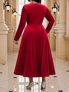 Fleurora Red Autumn Elegant Satin Velvet Party Dress,Women's Plus Size Long Sleeve Scoop Neck Ball Gown Midi Dresses For Wedding Christmas Cocktail Sparkly - Red - View 3