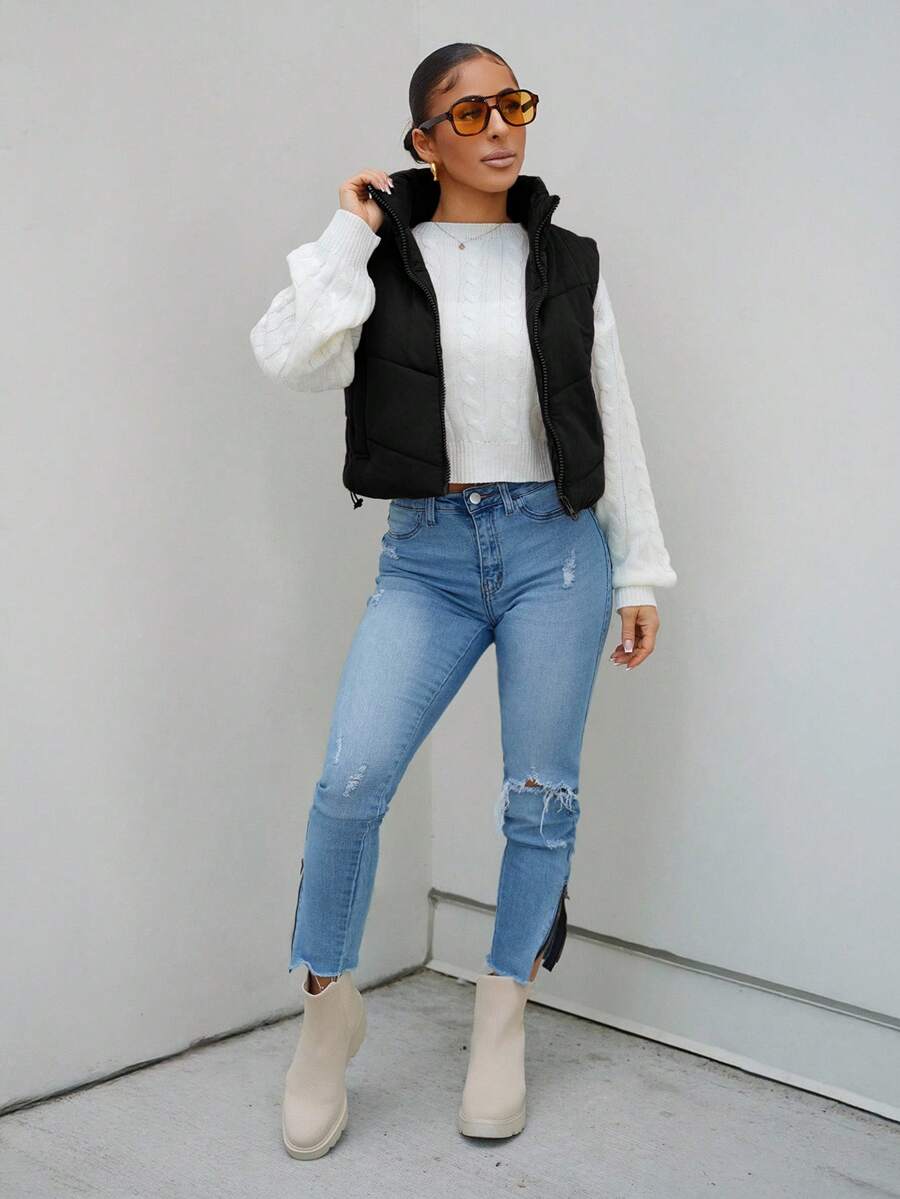 SAYEHFBABY Áo vest đệm ngắn thường ngày có khóa kéo màu trơn dành cho nữ, mùa đông - màu đen - Xem 1