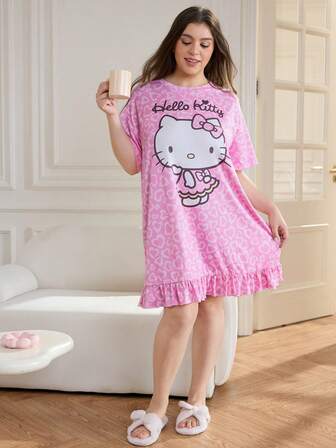 HELLO KITTY AND FRIENDS | SHEIN 加大码女式可爱卡通字母爱心图案宽松荷叶袖睡裙，夏季