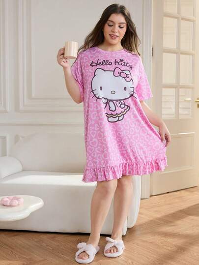 HELLO KITTY AND FRIENDS | SHEIN Plus Size Women's Cute Cartoon Letter & Heart Graphic Loose Fit Ruffle Sleeve Nightgown, Summer Night Dress Pajama Plus Size Sleepwear Women Sleepwear Dress Plus Size Nightgown Pink Nightdress