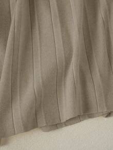 Franclia 新款褶裥拼接针织高腰显瘦A字中长半身裙，休闲女式毛衣裙 - 卡其色 - 查看 3