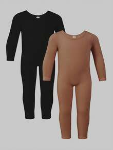 2pcs Girls Snug Fit Warm Solid Color Romper,Soft Ribbed Material Long Sleeve Jumpsuit Set For Autumn/Winter Home Outfits,Black,Summer - Multicolor - View 3