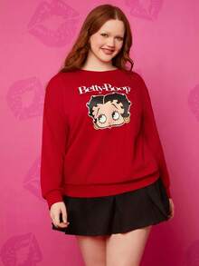 Betty Boop x SHEIN 大码复古性感街头服饰 Y2K 秋季红色经典卡通人物图案宽松圆领运动衫