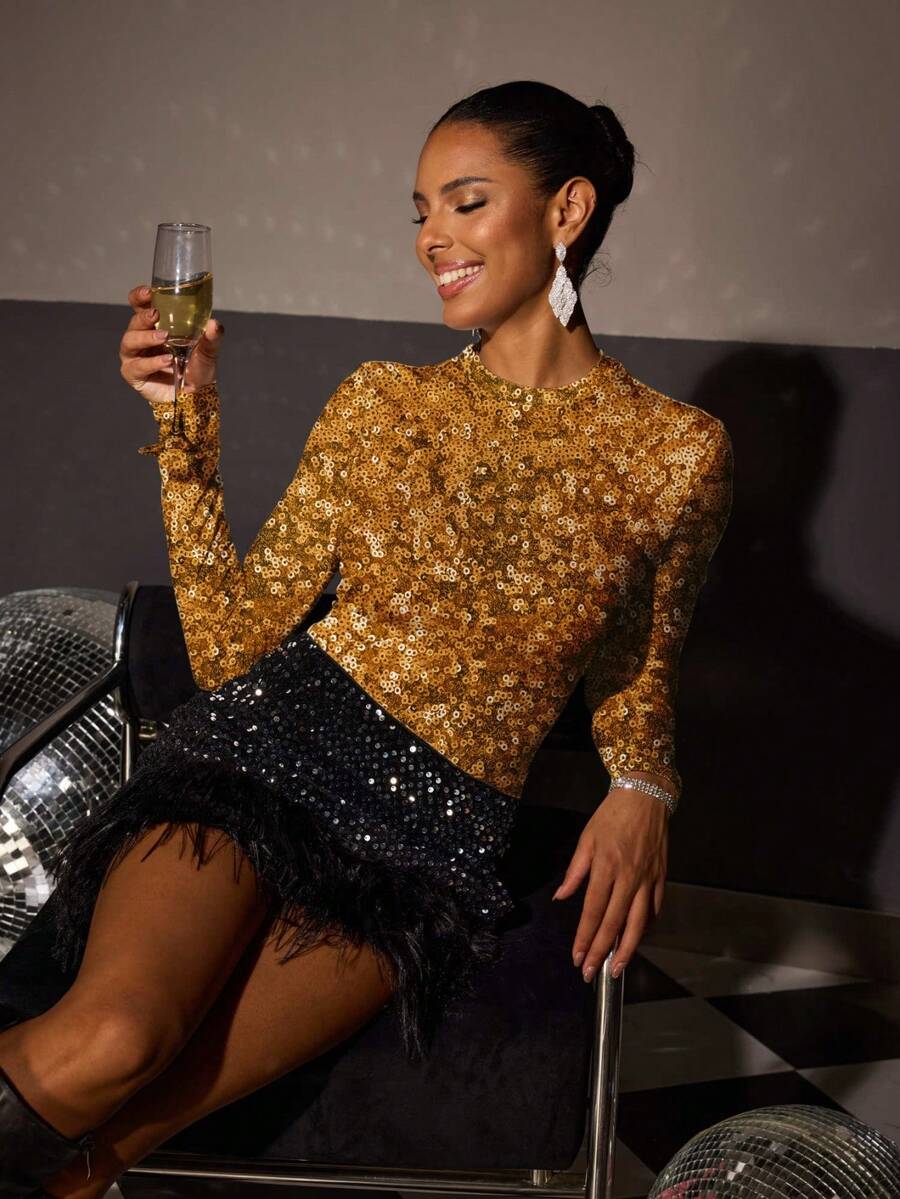 Shutterstock Glamance Maglietta basic a maniche lunghe con paillettes da donna, top con paillettes oro lucido adatto per feste, Natale, Capodanno, compleanni - Dorato - Visualizzare 1