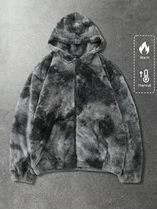 ROMWE MEN Street Life 男式扎染长袖拉链连帽羊毛夹克，带口袋，秋冬 - 灰色 - 查看 3