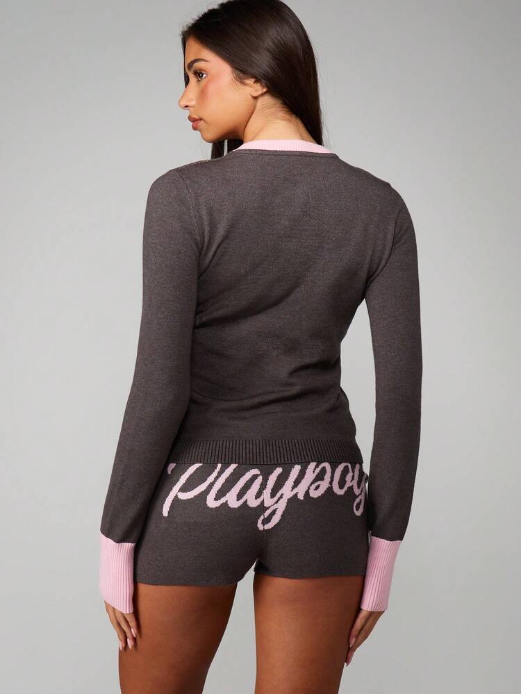 Missguided x Playboy Crew Neck Strickpullover mit kontrastierendem Saum und Schrift-Logo für Herbst und Winter