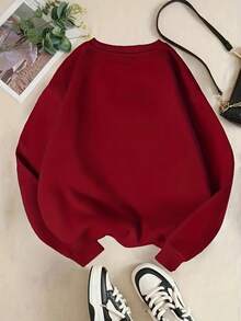 Sudadera femenina casual con estampado de postres navideños tela gruesa holgada cuello redondo manga larga otoño invierno para casa y fiesta - Rojo - Ver 2