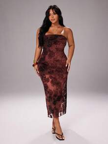 Rustia Váy suông hở vai cổ điển đính kim sa lấp lánh hoa hồng jacquard lưới nhung cho nữ - Cà phê nâu - Xem 1