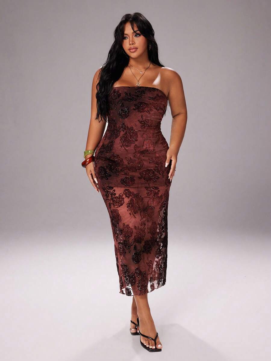 Rustia Váy suông hở vai cổ điển đính kim sa lấp lánh hoa hồng jacquard lưới nhung cho nữ - Cà phê nâu - Xem 1