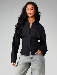 MISSGUIDED Double Layer Button Front Collared Long Sleeve Blouse With Overlay Cape Detail - Black - View 3