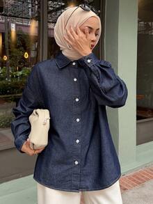 DAZY 女士休闲水洗牛仔长袖衬衫 - 深色水洗藍 - 查看 4