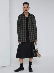 COUREZ Long Sleeve Cinched Shirt In Grid Check /Spring Outfits For Women Spring Tops Y2K Black Tops Spring Outfits Elegant Cozy - Army Green - View 4