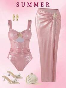 Swim Oasis 夏季新款女士连体泳衣套装（2件套），金属海星亮片面料连体泳衣及半裙，沙滩度假粉色亮片泳衣，水钻泳衣，两件套闪亮泳衣，两件套裹身裙泳衣，粉色闪亮水钻两件套半裙套装 - 粉色 - 查看 2