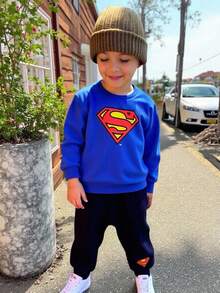SHEIN Superman X Champster 2pcs/Set Young Boys Casual Loose Comfortable Cartoon Style Long Sleeve Sweatshirt And Pants Set, Suitable For Summer Fall Winter